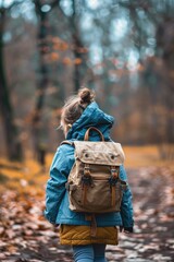 Wall Mural - A person with a backpack walking down a mountain path, possibly hiking or trekking