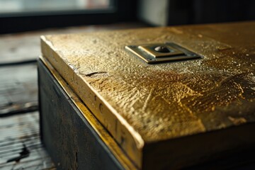 Poster - A simple metal box placed on top of a wooden table, often used as storage or decoration