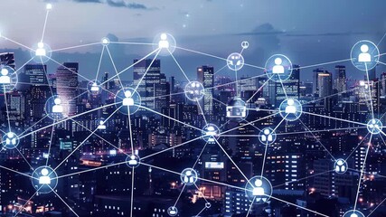 Poster - Business network concept with business people in the office and city background, digital technology connection for internet of things or smart urban system and social media communication