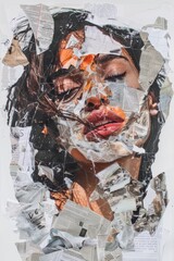 Sticker - A close-up shot of a woman's face with layers of newspaper strips covering her features