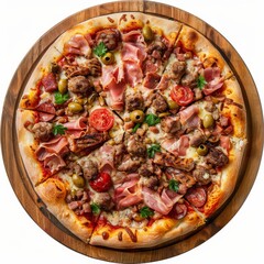 Wall Mural - Meat Mix Pizza with Parma Ham, Sausages, Shish Kebab, Bacon, Olives, Tomato Sauce, Mozzarella