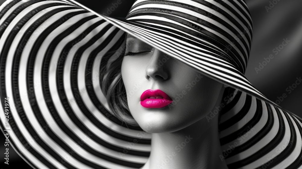 Elegant black and white portrait featuring a woman in a striped hat ...