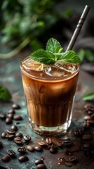 Poster - Refreshing Iced Coffee Drink with Mint Garnish and Metal Straw on Dark Background with Copy Space