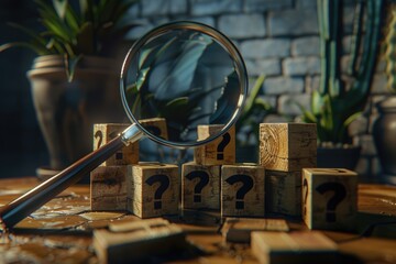 Poster - A magnifying glass resting on wooden building blocks, perfect for education and learning scenarios
