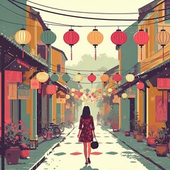 Stroll Under Lanterns in Vietnam Hoi An street with Generative AI.