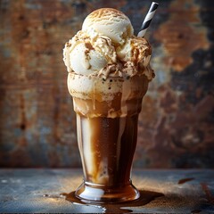 Classic Ice Cream Float with Vanilla Ice Cream and Root Beer Striped Straw Indulgent Dessert Concept