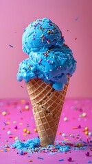 Wall Mural - Vibrant Blue Cotton Candy Ice Cream Cone with Colorful Sprinkles