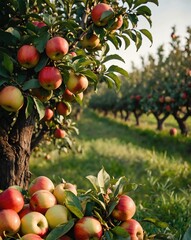 Canvas Print - orchard with ripe apples backgroundvertical background vertical shot