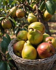 Canvas Print - orchard with ripe pear fruits backgroundvertical background vertical shot