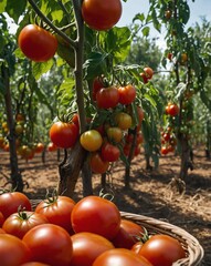 Canvas Print - orchard with ripe tomato backgroundvertical background vertical shot