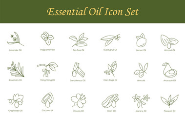 Wall Mural - Complete Essential Oils Vector Icons: Lavender, Peppermint, Tea Tree, Eucalyptus, Lemon, Almond, Grape Seed, Canola, Jasmine, Rosemary, Ylang Ylang, Sandalwood, Clary Sage, Olive, Avocado, Coconut, Co