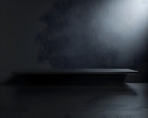 Wall Mural - Sleek Black Glossy Table Against Sophisticated Dark Background for Tech Product Concept