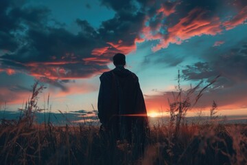 Poster - A person standing in a field at sunset with a beautiful sky and landscape