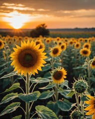 Sticker - field of tall sunflowers sunset backgroundvertical background vertical shot