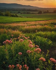 Sticker - green field with blooming flowers sunset backgroundver backgroundvertical background vertical shot