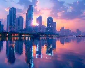 Poster - Serene Sunset Skyline Reflection Over Flowing River in Bustling Metropolis