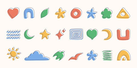 Poster - Abstract graphic doodles of symbols and shapes. Decorative stickers and design elements. Vector illustration.