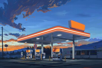 A Gas Station Under an Orange and Blue Sunset