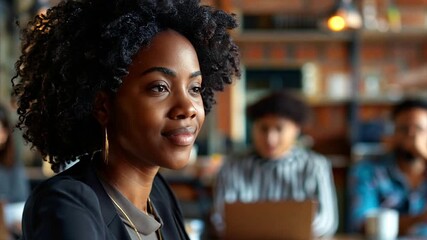 pushing towards young confident black female lawyer who then smiles during a courtroom hearing.