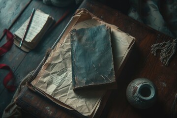 Aufkleber - A vintage book rests on a rustic wooden table, perfect for study or display