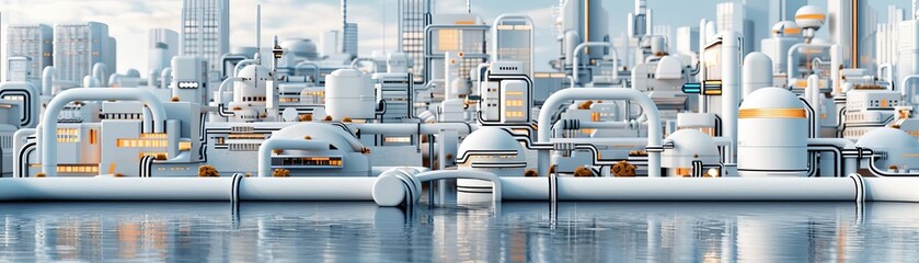 A futuristic cityscape with water infrastructure, including pipes and reservoirs, representing advancements in the water sector, sustainability and urban planning concepts