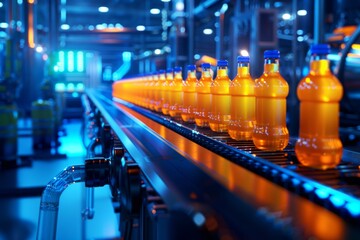 Wall Mural - Interior of a beverage factory with juice bottles on a conveyor belt, under the cool blue light that enhances the modern industrial setting.