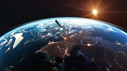 Wall Mural - satellite orbiting earth with sunrise view with ai generated.
