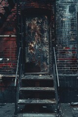 Poster - A brick building with stairs leading up to a door