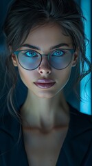 Wall Mural - A woman with blue eyes and glasses is the main focus of the image