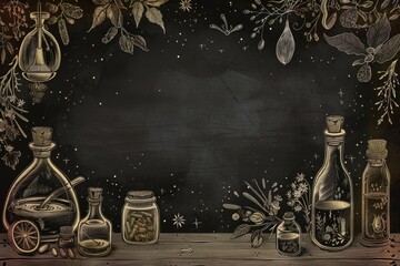 Poster - A blackboard with multiple bottles displayed, often used for science experiments or demonstrations