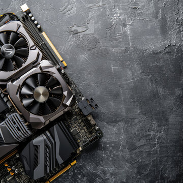 High-tech graphics card on textured background.