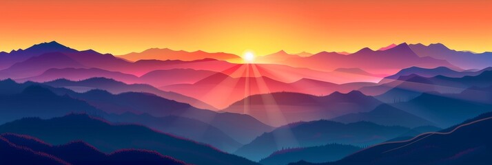 Wall Mural - Sunrise Landscape Flat Illustration, Color Dawn in Mountains, Sunset Sun Beams Landscape