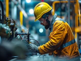 Poster - Close up of Factory Worker in Safety Gear Operating Machinery