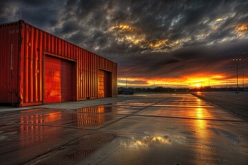 Poster - A single red shipping container sits on the surface of a wet parking lot, reflecting the surrounding environment