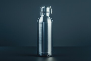 Poster - A stainless steel water bottle sitting on a table, ideal for outdoor or office use
