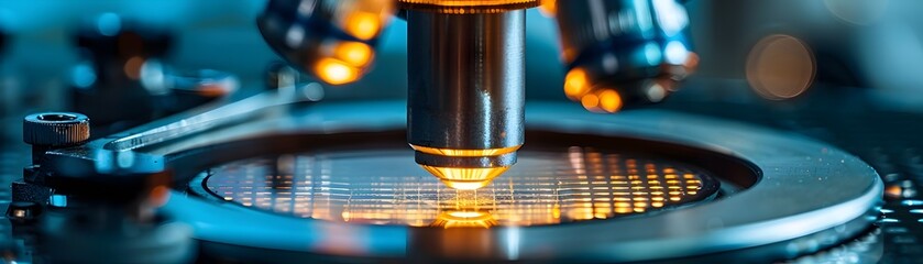 Poster - close up of semiconductor wafer under microscope highlighting precision of microelectronics manufact
