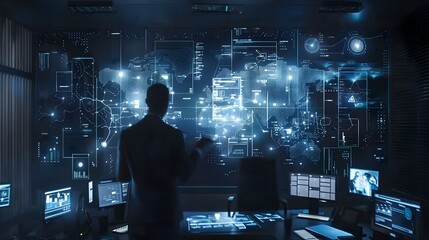 Poster - Futuristic Insurance Agent Discussing Policy Details with Holographic Client in High Tech Office