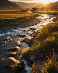 Wall Mural - valley with flowing river sunset backgroundvertical background vertical shot