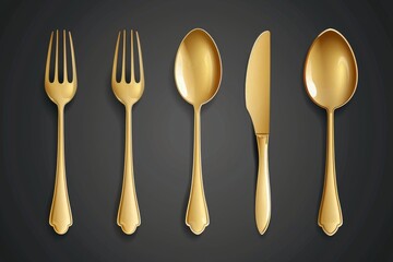 Poster - A set of four golden spoons and a fork arranged neatly on a surface