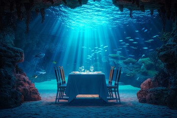 Wall Mural - Underwater Restaurant, Blue Undersea View Dining, Hotel Underwater Dinner, Copy Space