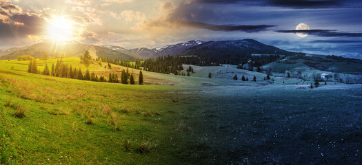 Wall Mural - composite image of countryside landscape at day and night time change concept. idyllic view of prett