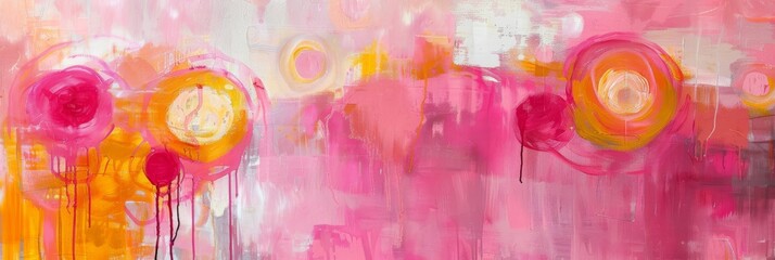 Wall Mural - Lively abstract painting featuring bold pink and orange hues with dynamic brush strokes and textures.