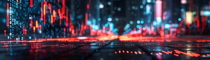 Poster - Vibrant cityscape at night featuring colorful lights and digital reflections on a wet pavement, creating a futuristic atmosphere.