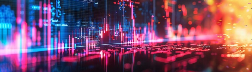 Poster - Vibrant digital abstract background featuring colorful lights, data visualization, and dynamic patterns that evoke technology and innovation.