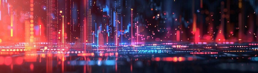 Poster - Vibrant digital landscape featuring glowing lines and abstract patterns, ideal for technology and futuristic themes.