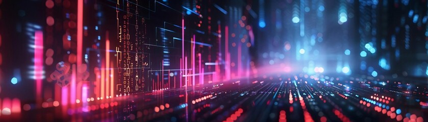 Poster - Futuristic digital landscape with vibrant neon lights and data streams, perfect for technology and innovation themes.