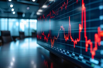Poster - Close-up of a financial graph on a digital screen showing market trends and data analysis with bright red fluctuations.