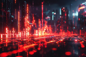 Poster - Dynamic digital landscape with glowing red lights and futuristic city elements, conveying innovation and technology.