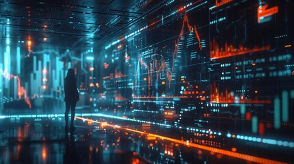 Poster - A futuristic scene showcasing a silhouette against glowing digital data and analytics, symbolizing technology and innovation.