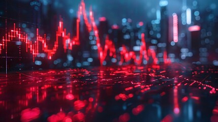 Poster - Dynamic financial graph showcasing red trends against a tech-inspired urban background, symbolizing market fluctuations.